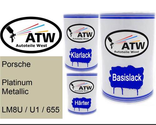 Porsche, Platinum Metallic, LM8U / U1 / 655: 500ml Lackdose + 500ml Klarlack + 250ml Härter - Set, von ATW Autoteile West.